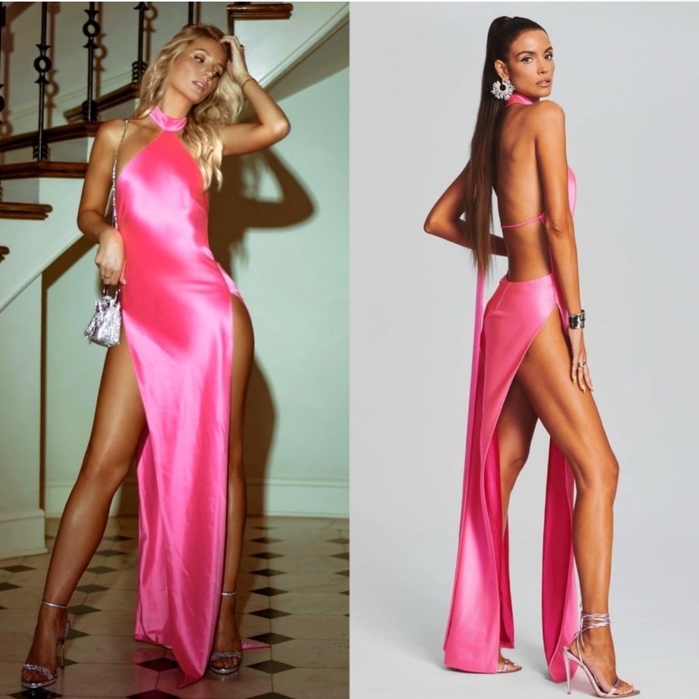 NWT RETROFETE Satin Draped‎ Sash Halter Neck Sleeveless Open Back Maxi Dress XS